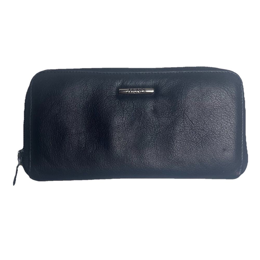 Mundi Black Leather Wallet Vintage Zip Around Clutch Organizer Compartment 8"x4"